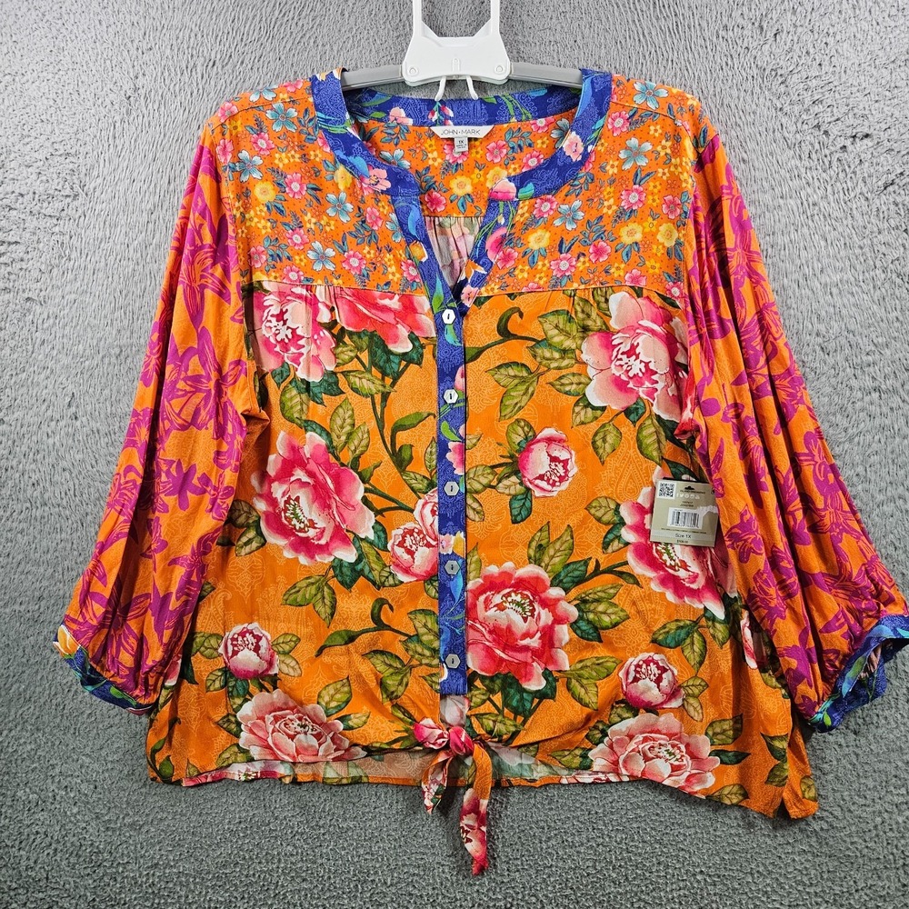 $109 NEW John Mark Shirt Top Women 1X Colorful Floral Tie Waist Orange Tone